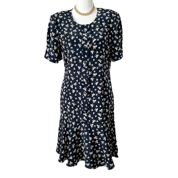🎀 Vintage Bow Print Drop Waist Flounce Skirt Dress MCM Flapper size S petite 🎀 - Picture 2 of 11